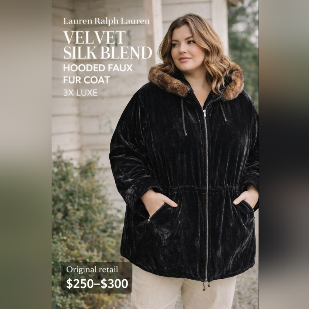 Lauren Ralph Lauren Black Velvet Silk Blend Hooded Coat Faux Fur Trim 3X Luxe